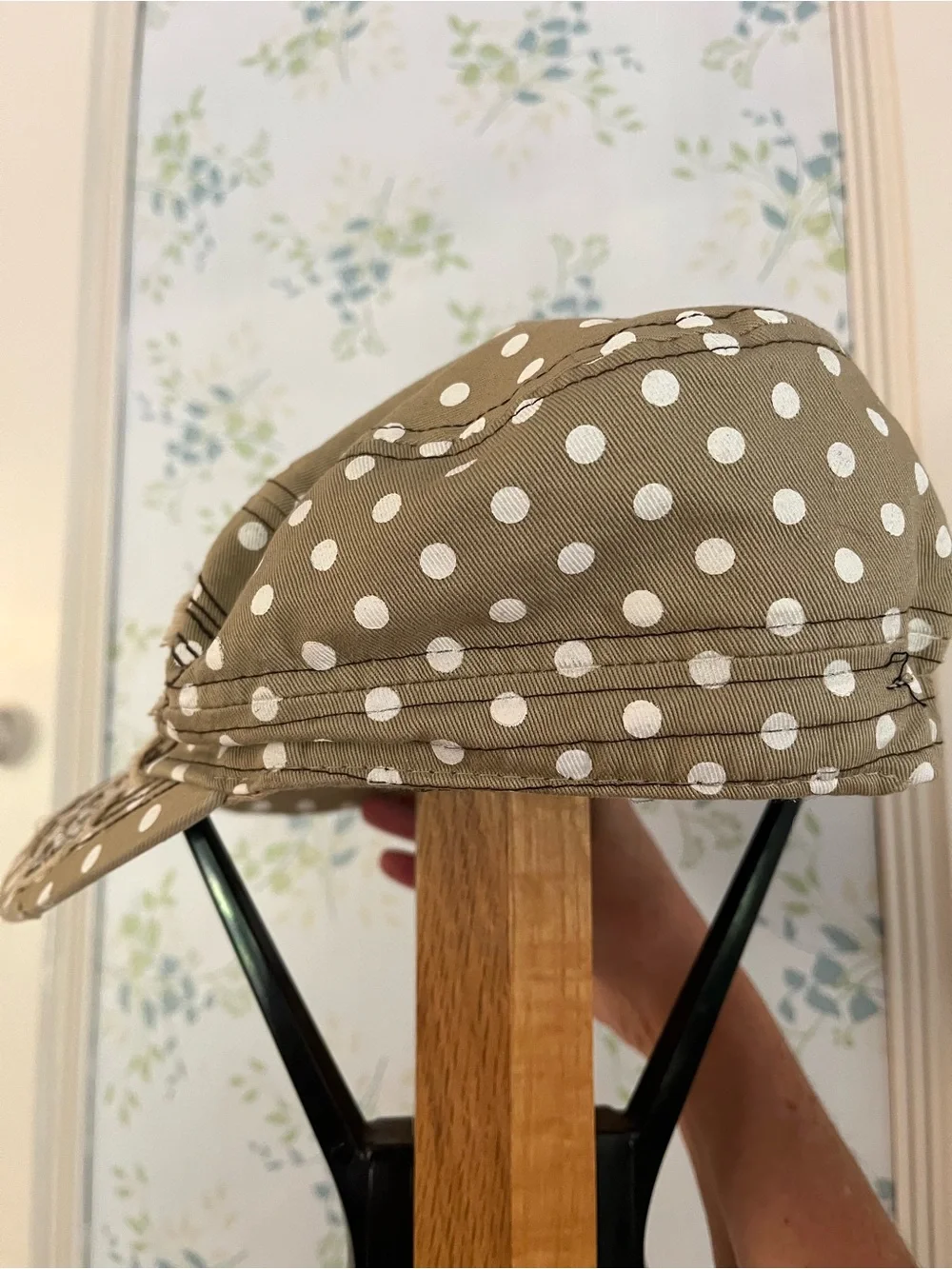 Tan Polka Dot Cap with Rhinestone Cross Applique